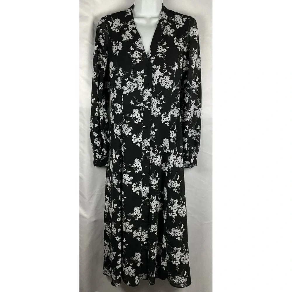 Michael Kors Women's Size XS Black & White Floral Button Up Midi‎ Dress Lined